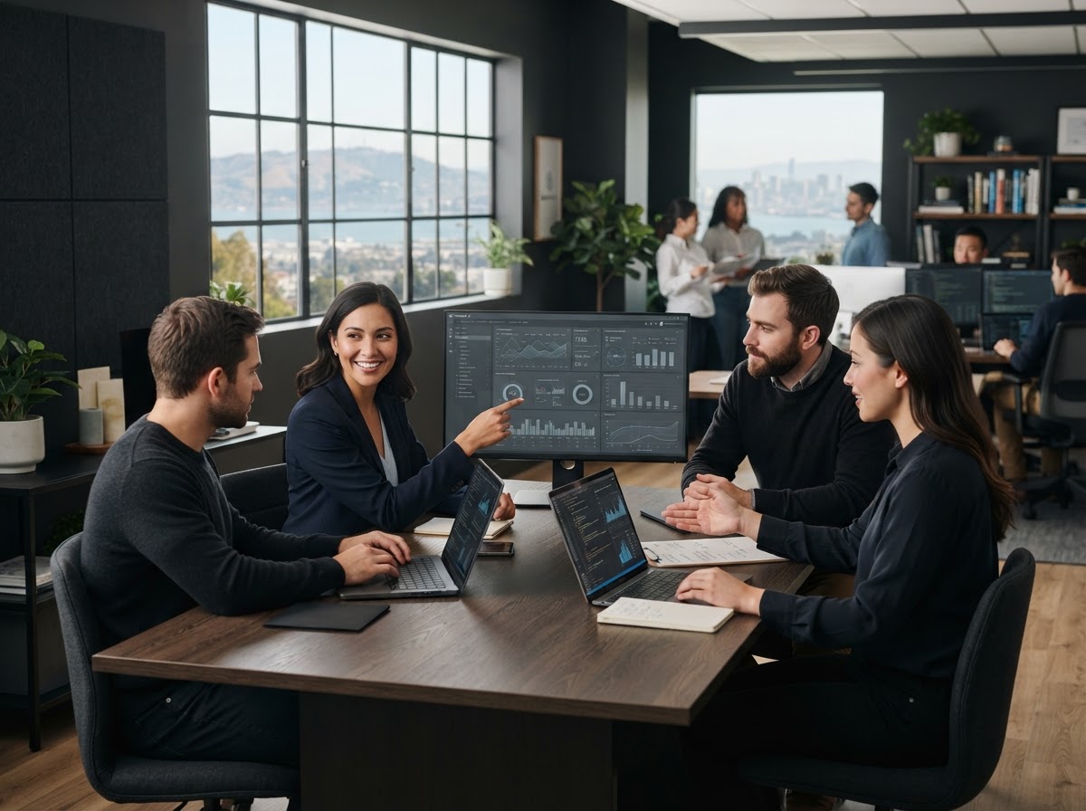 Zynq Rexx analysts reviewing data models on a workstation